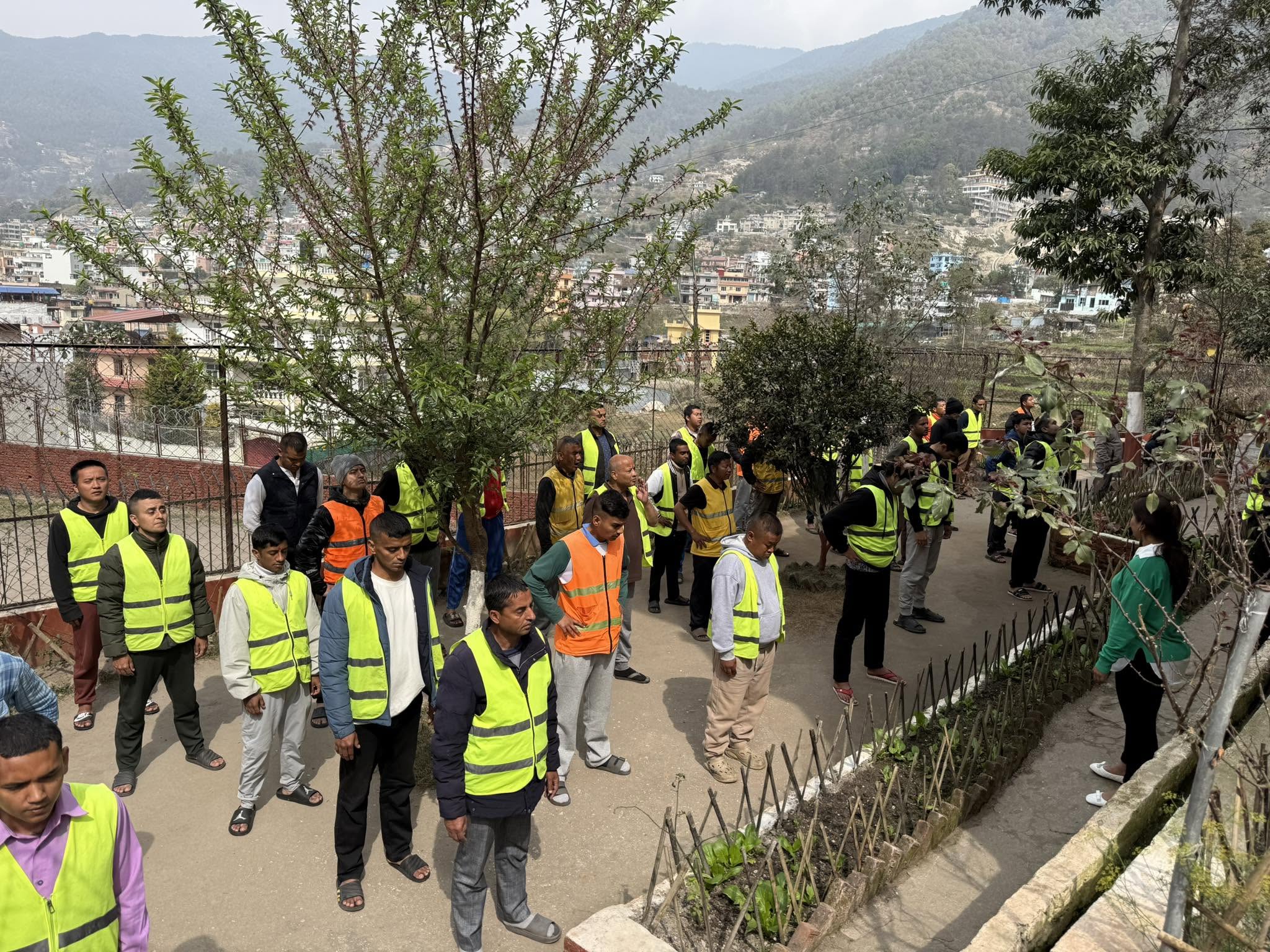 Residents standing in the center garden area